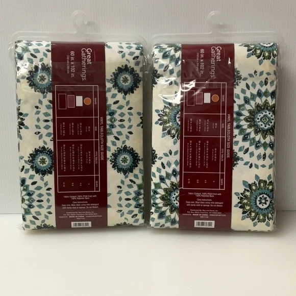 NEW PEVA Tablecloths (2) 60x102” PVC Free Boho Mandala Blue Green Cream - Picture 5 of 7